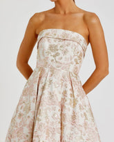 Pink and White Strapless Floral Brocade A Line Midi Dress